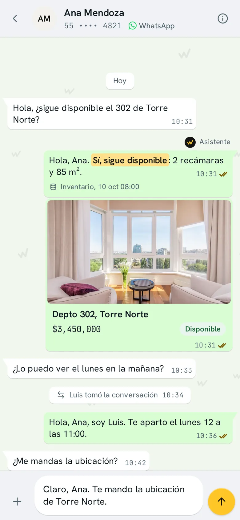 Conversación del agente comercial en WINSI, con el dato del inventario